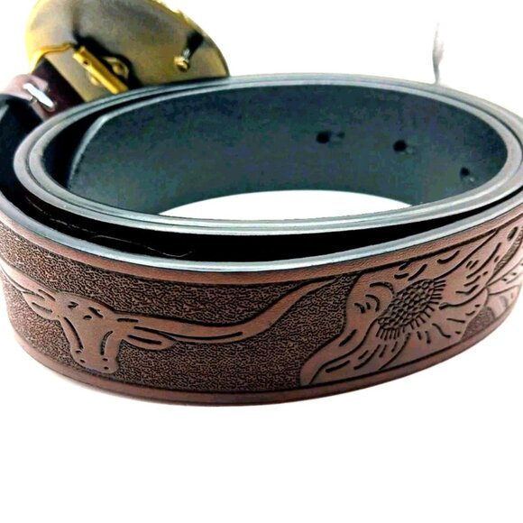 Womens Longhorn Vegan Leather Belt Waist Size 29 To 35 Brown New - Picture 3 of 10